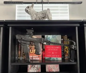 Weapon displayed on a bookshelf surrounded by various books and a decorative dog figurine above.